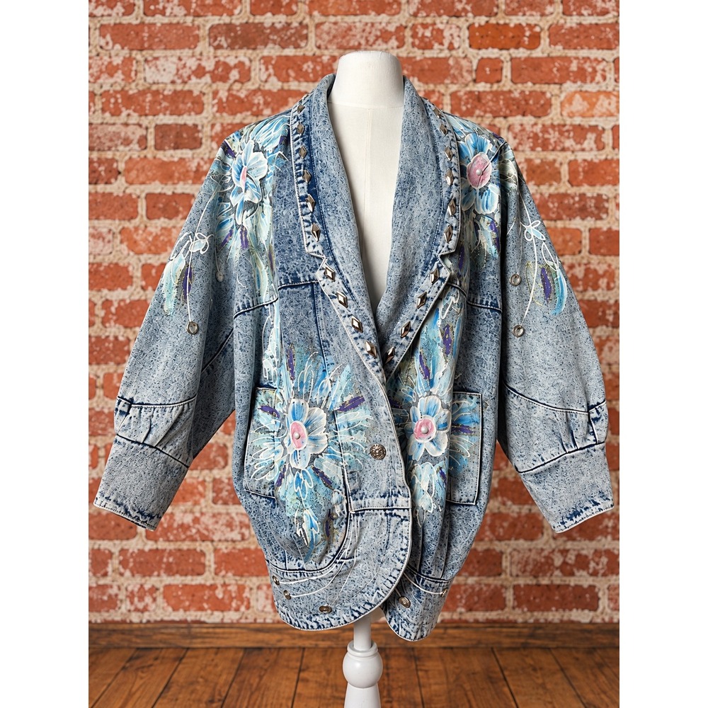 Vintage 80s Acid Wash Denim Jacket Paint Floral Studded Eclectic Boho Overszied